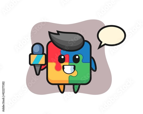 Character mascot of puzzle as a news reporter