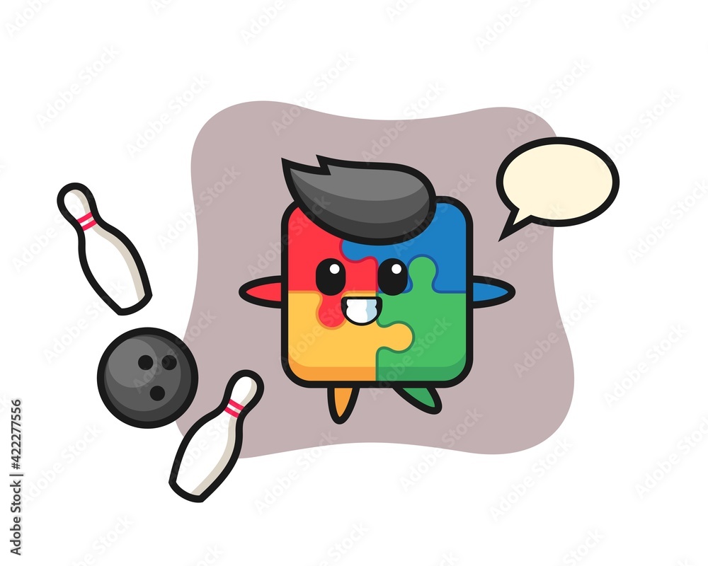 Character cartoon of puzzle is playing bowling Character cartoon of puzzle is playing bowling