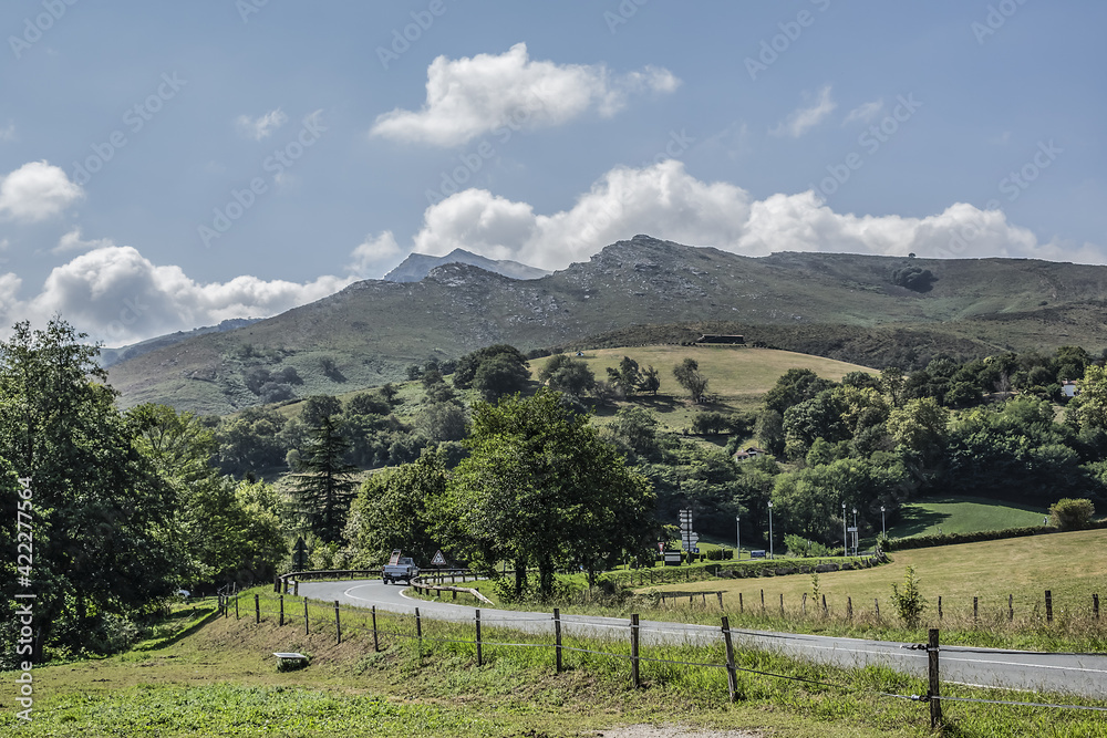 Beautiful French landscape in the Pyrenees Mountains in Basque Country, France.