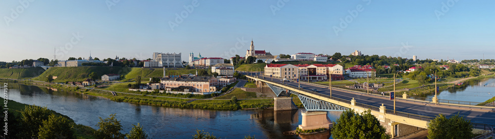 Panorama view of downtown Grodno Belarus. Business and historical center with Drama theater, Boris and Gleb or Kalozhskaya church, old castle and new castle Grodno or Hrodna visafree Europe city.