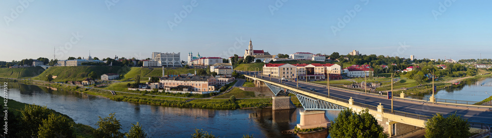 Obraz premium Panorama view of downtown Grodno Belarus. Business and historical center with Drama theater, Boris and Gleb or Kalozhskaya church, old castle and new castle Grodno or Hrodna visafree Europe city.