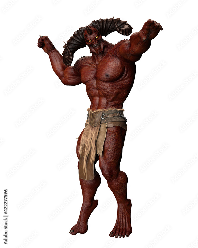 3d illustration of a red skinned demon with large horns reaching forwards. 3d illustration of a red skinned demon with large horns reaching forwards.