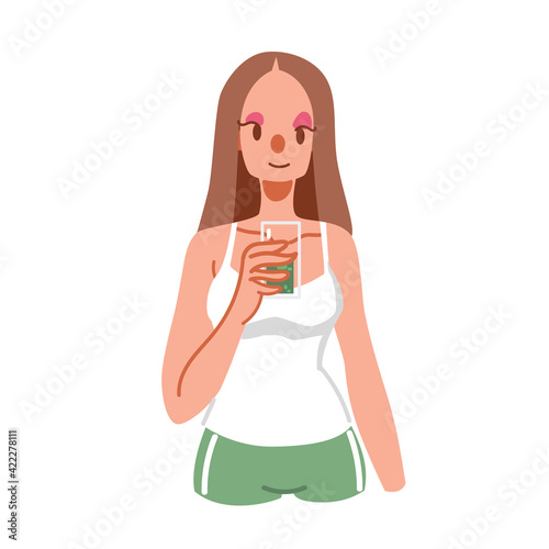 A woman drinking fruit and vegetable smoothie hommade at home. A Woman diet with clean eating for her health flat vector illustration. A woman enjoy mediterranean diet with healthy food.