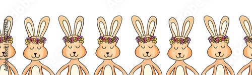 Rabbit seamless border painted. Repeating horizontal pattern with bunnies holding hands wearing flower crowns. Cute bunny art for Easter cards, ribbon, fabric trim, kids fashion, banner, footer, tape