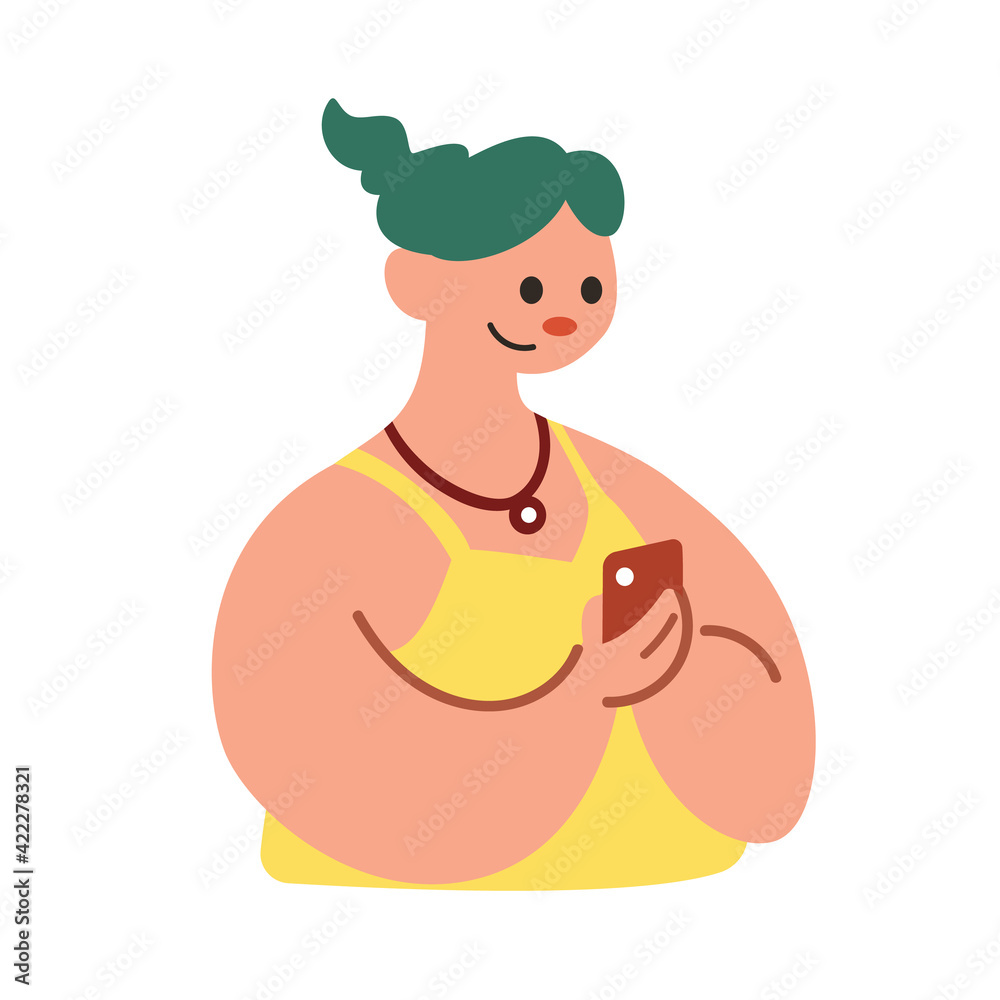 A woman using their smartphone cute flat vector illustration. Portrait of woman using mobile phone for
communication, social media, mobile internet and any business. A woman using their smartphone cute flat vector illustration. Portrait of woman using mobile phone for
communication, social media, mobile internet and any business.