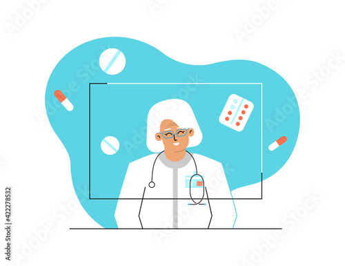 Vector isolated concept. Online consultation and diagnostic by Caucasian elderly physician. Video call on computer. Medical icons. Internet service for doctor. Senior woman helps choose of medications