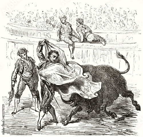 matador El Tato mockes bull with his mantle in the arena, Spain. Ancient grey tone etching style art by Dore, Le Tour du Monde, 1862