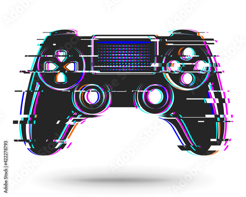 Game controller, gamepad with sticks and buttons, game controller isolated on a white background. With a digital effect. With an interference effect.	