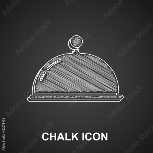 Chalk Covered with a tray of food icon isolated on black background. Tray and lid sign. Restaurant cloche with lid. Vector