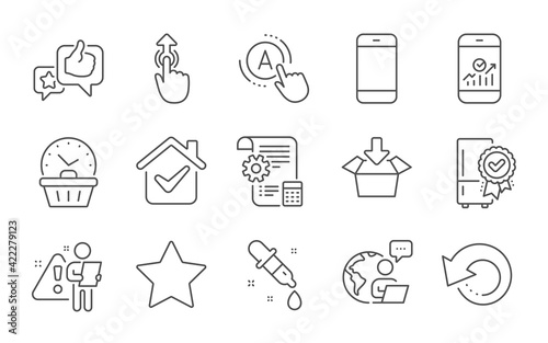Like, Recovery data and Settings blueprint icons set. Smartphone statistics, Swipe up and Ab testing signs. Vector