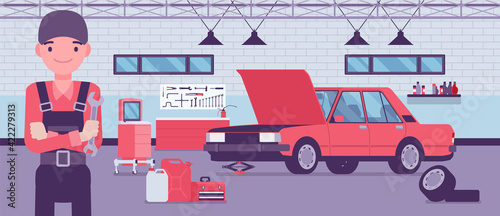 Small scale business-owner, privately owned car service. Young man, successful entrepreneur, individual start up project of repair, maintaining automobiles. Vector creative stylized illustration © andrew_rybalko