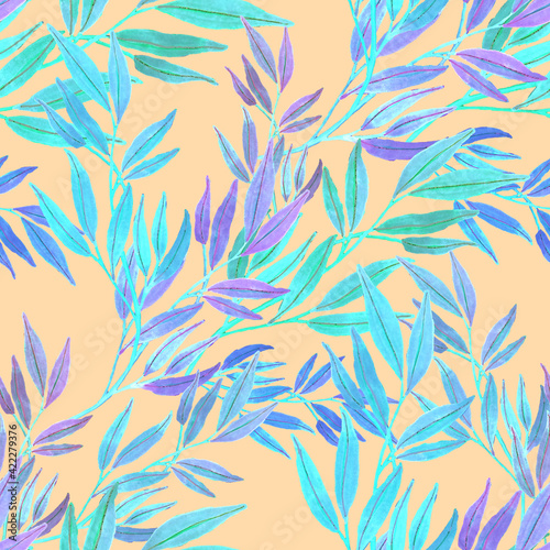 Watercolor seamless pattern with leaves. Bright summer or spring print for any purposes. Colorful hand drawn illustration. Vintage natural pattern. Organic background. 