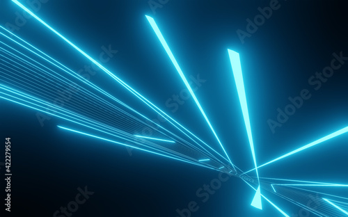 Fototapeta Naklejka Na Ścianę i Meble -  Abstract Background 3D rendering blue room with stripes of neon lights and reflections. Sci-FI Futuristic architecture background Chaotic Blue Neon Lights laser with rays and lines.