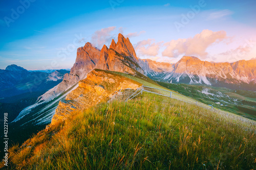 Morning view of the Gardena valley in Dolomite mountains. Location Puez-Geisler National Park, Italy, Europe.
