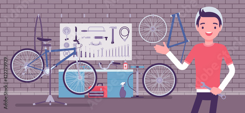 Small scale business-owner, privately owned bicycle workshop. Young man, successful entrepreneur, individual start up project bike care, components, accessories. Vector creative stylized illustration