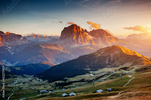 Evening view of the Val Gardena in Dolomite mountains. Location Trentino Alto Adige, province Bolzano, Italy, Europe.