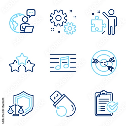 Education icons set. Included icon as Ranking stars, Musical note, Targeting signs. Vector
