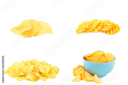 Set of potato chips isolated on white background, cut out