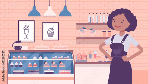 Small scale business-owner, privately owned confectionary store. Black woman, successful entrepreneur, individual start up project selling sweets, chocolates. Vector creative stylized illustration