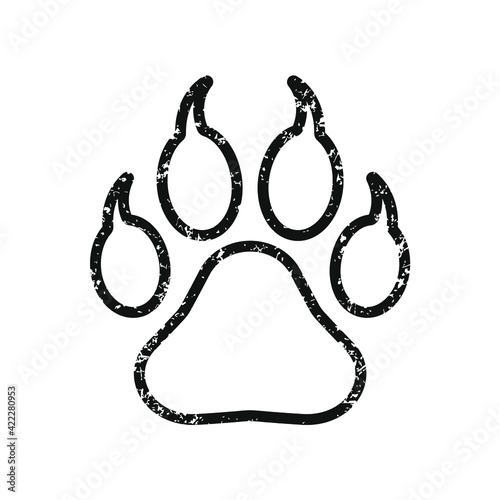 Animal paw print with claws vector icon. Grunge texture. Wildlife or petshop store and vet logo. Dog or cat footprint trail sign. Pet foot shape mark symbol. Silhouette isolated on background.