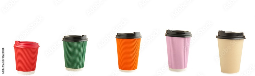 Design concept of mockup coffee cup set on isolated on white background. Copy space for text and logo. Collage of different cup Design concept of mockup coffee cup set on isolated on white background. Copy space for text and logo. Collage of different cup