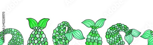 Mermaid or fish tail seamless border. Repeating horizontal pattern with copy space for decoration on summer holiday events and fairytale theme concept. Use for kids ocean underwater cards, footers