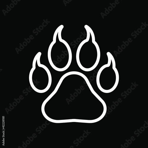 Animal paw print with claws vector icon. Wildlife or petshop store and vet logo. Dog or cat footprint trail sign. Pet foot shape mark symbol. Silhouette isolated on background.