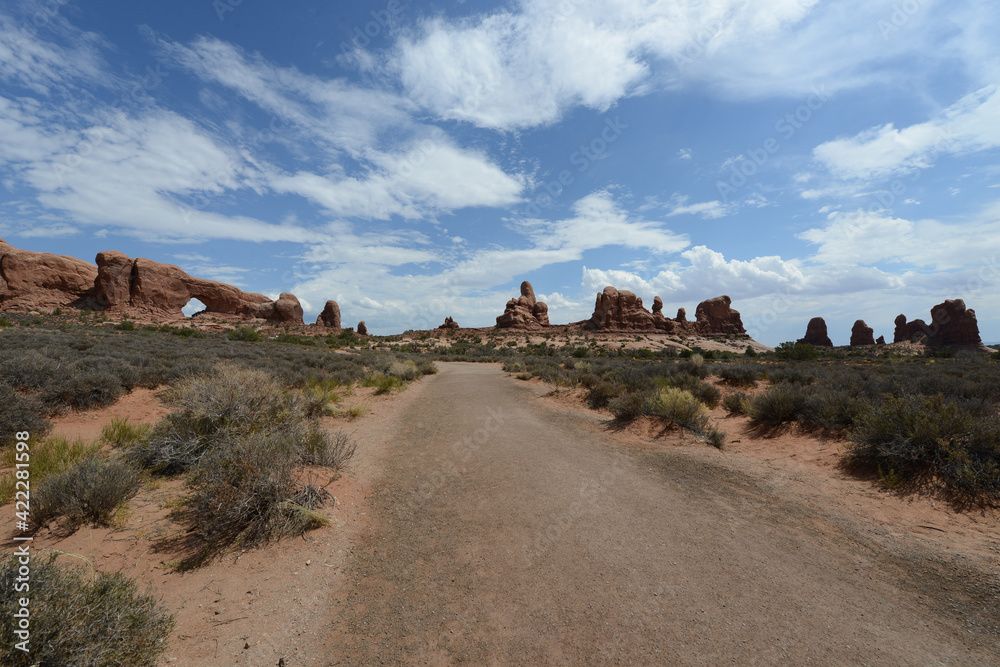 Scenic view of the red sandstone formations at Arches National Park in Utah 