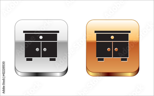 Black Furniture nightstand icon isolated on white background. Silver and gold square buttons. Vector