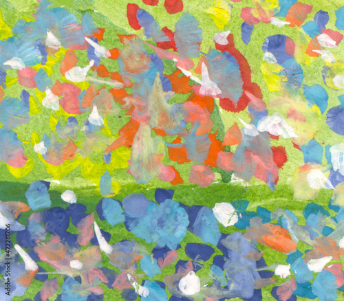bright multi-colored abstraction made with strokes and dots of gouache, dense texture without a white background.