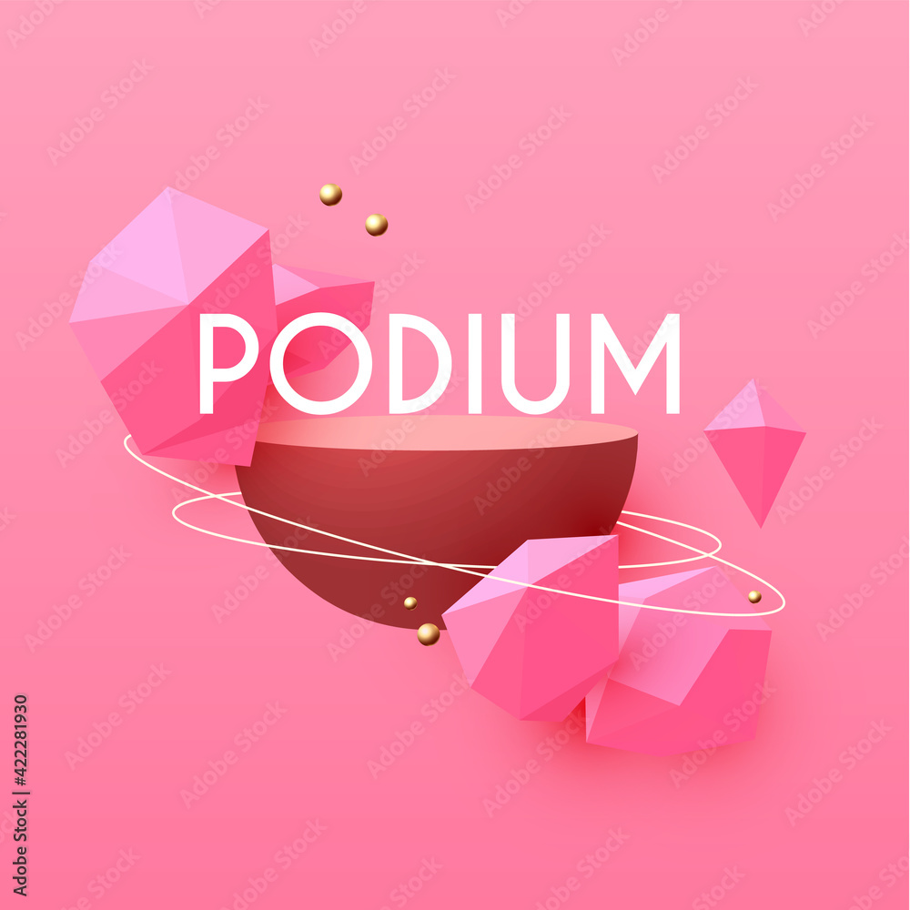 3D realistic circle podium with geometric elemens. Empty stage. Showcase design 3D realistic circle podium with geometric elemens. Empty stage. Showcase design