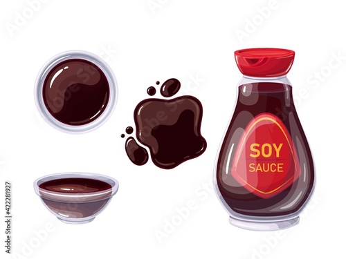 Soy sauce in bottle and bowl, sauce spilled strips and spots. Soy sauce top view. Vector illustration.