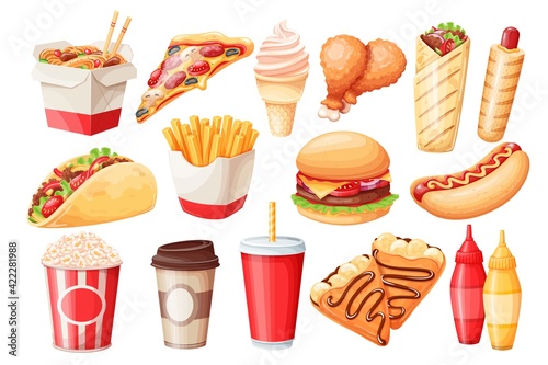 Fast food cartoon vector icon set. Crepes, hamburger, wok noodles, hot dog, shawarma, pizza and others for takeaway cafe design. Illustration of street food.