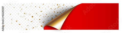 Curled corner of gold and red  paper with shadow and confetti