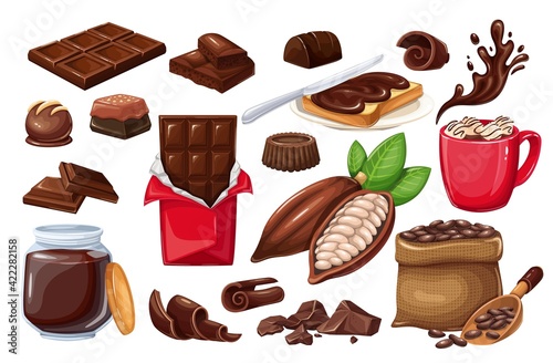 Chocolate icon set. candy, Cocoa Beans, Chips, Chocolate Bar, spred and ets for confectionery products shop.