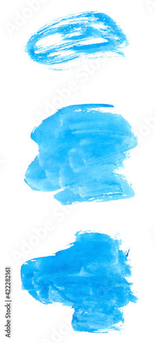 Colorful watercolor background set of blue paint spots. Abstract art hand paint