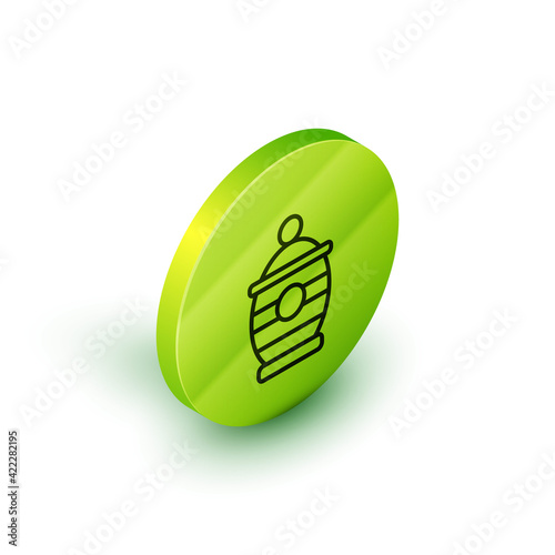 Isometric line Funeral urn icon isolated on white background. Cremation and burial containers, columbarium vases, jars and pots with ashes. Green circle button. Vector