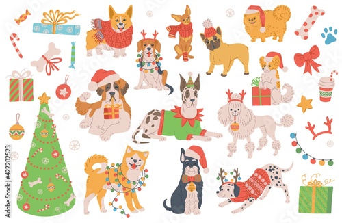 Christmas dogs characters set with fir tree, flat vector illustration isolated.