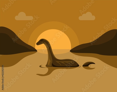 Lochness monster sillhouette in lake, urban legend story scene illustration vector