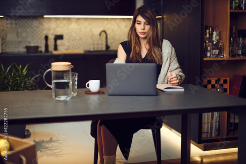 A pregnant businesswoman sitting at home and using a laptop for writing a report.