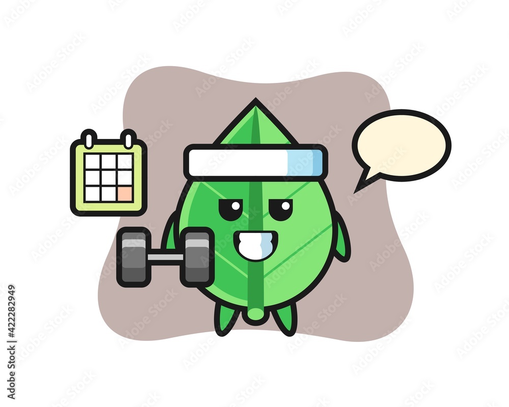 leaf mascot cartoon doing fitness with dumbbell