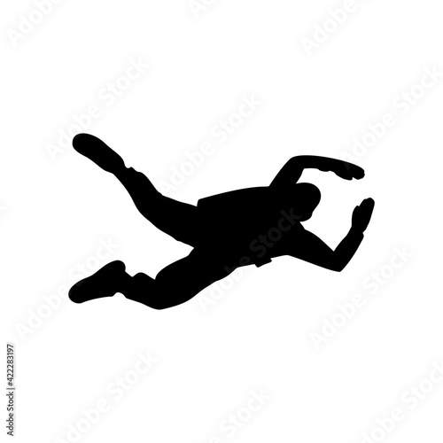Parachutist in flight vector silhouette illustration isolated on white background.