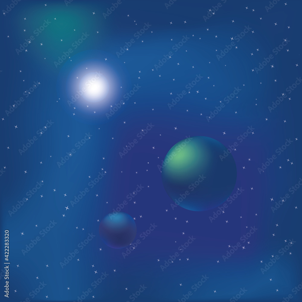 Cosmic background with shining star and planets