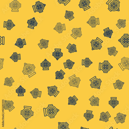 Blue line Aqualung icon isolated seamless pattern on yellow background. Diving helmet. Diving underwater equipment. Vector