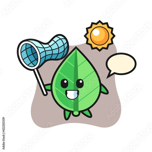 leaf mascot illustration is catching butterfly