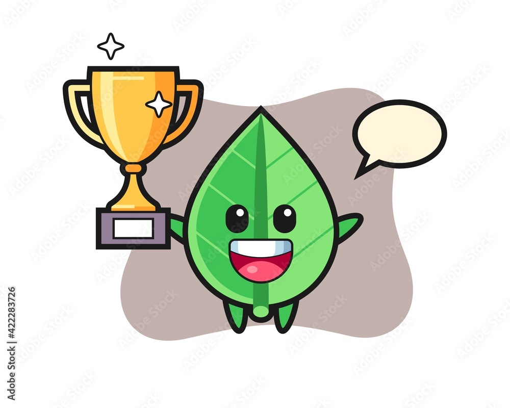 Cartoon Illustration of leaf is happy holding up the golden trophy
