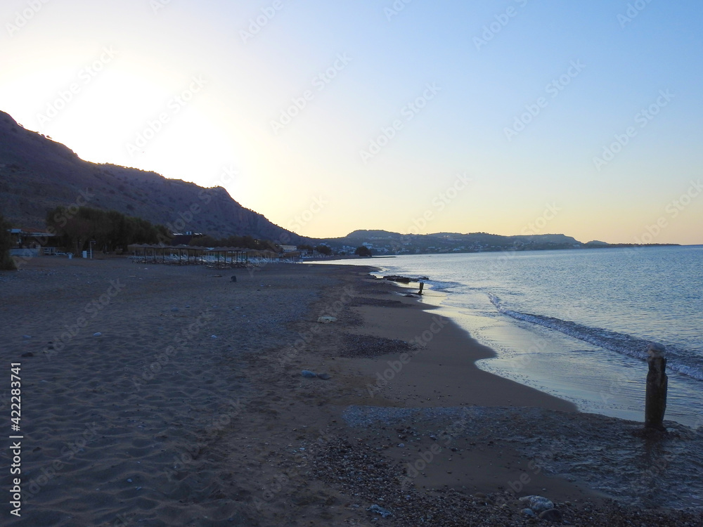 Sea beach in the morning in a mountainous area