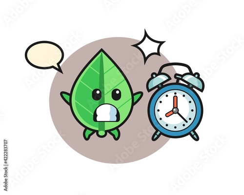 Cartoon Illustration of leaf is surprised with a giant alarm clock