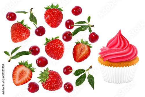 Fototapeta Naklejka Na Ścianę i Meble -  strawberry,cherry  and cake isolated on white background