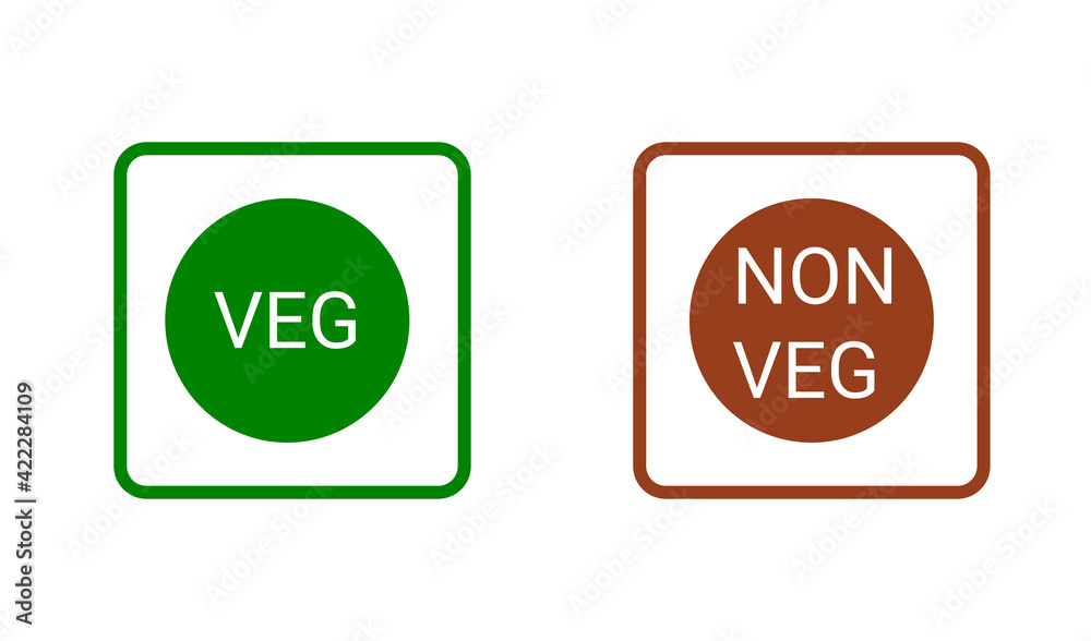 Veg, non-veg - Vegetarian and non-vegetarian marks in India, Sri Lanka, Pakistan. Green sign for packaged food and toothpaste products. Food icon symbol
